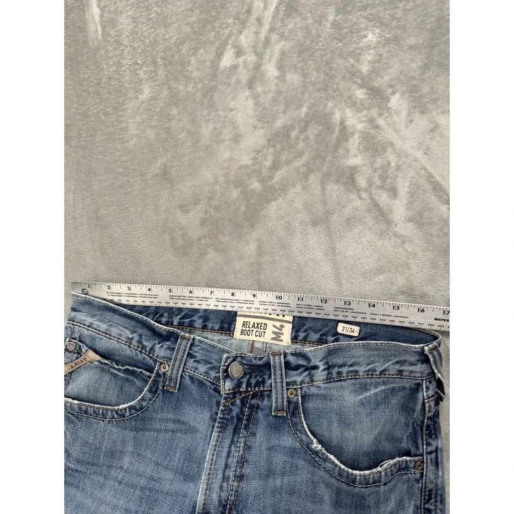 Ariat M4 Jeans Mens 31x34 Blue Denim Bootcut Stretch Distressed Western Cowboy